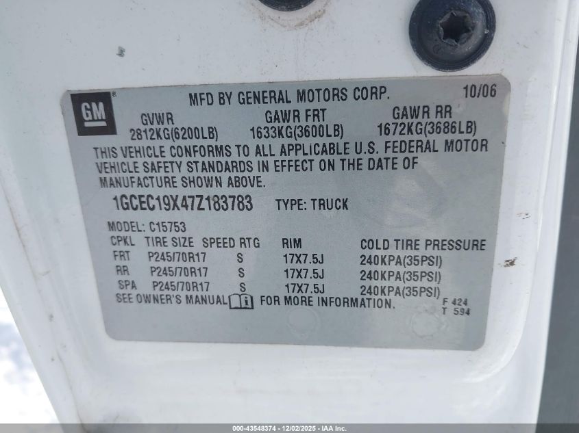 2007 Chevrolet Silverado 1500 Classic Work Truck VIN: 1GCEC19X47Z183783 Lot: 43548374