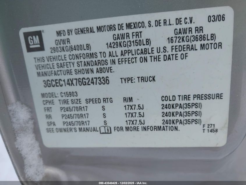 2006 Chevrolet Silverado 1500 Work Truck VIN: 3GCEC14X76G247336 Lot: 43548426
