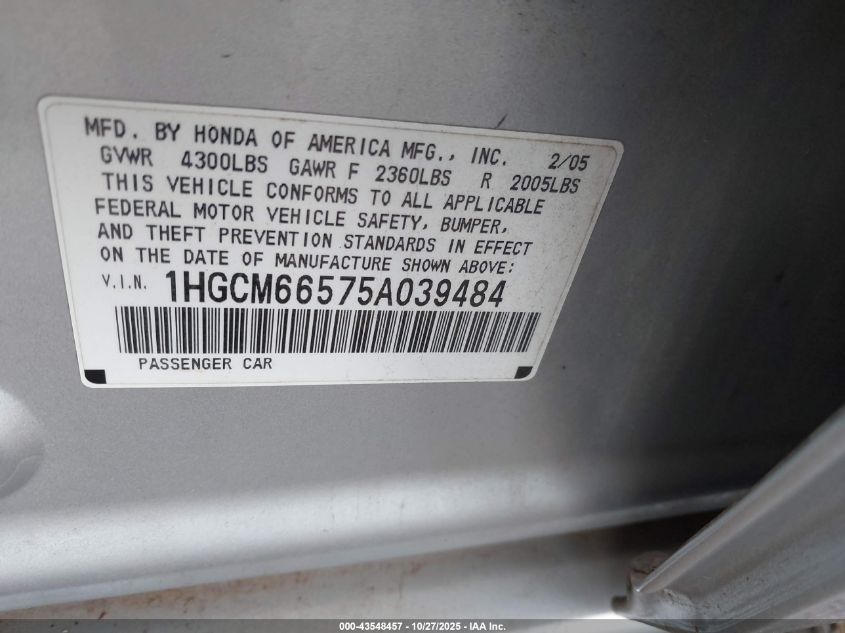 2005 Honda Accord 3.0 Ex VIN: 1HGCM66575A039484 Lot: 43548457