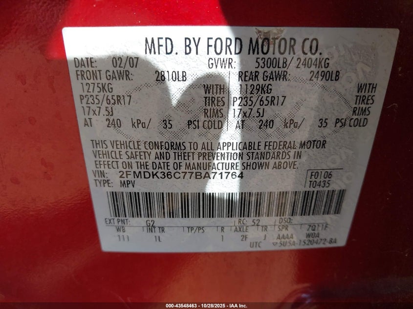 2007 Ford Edge Se VIN: 2FMDK36C77BA71764 Lot: 43548463