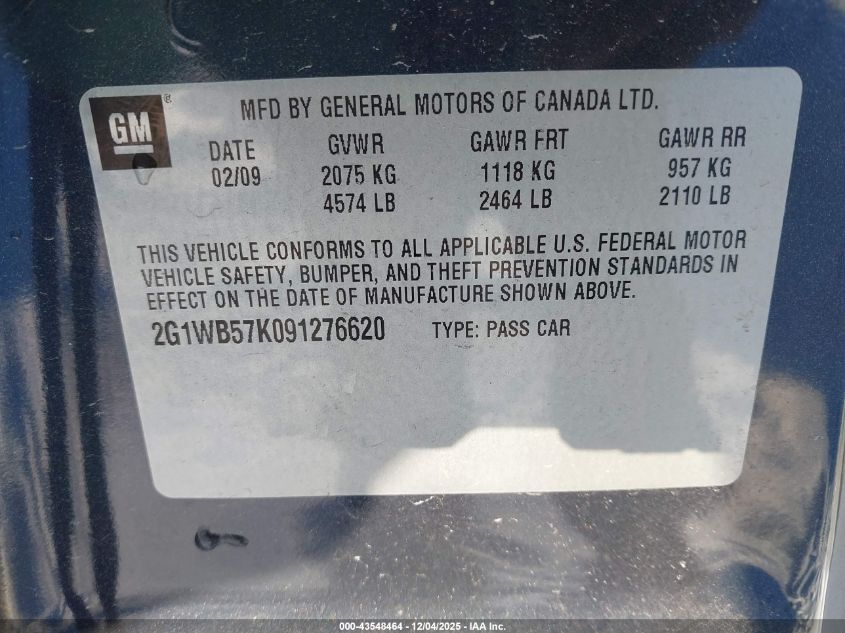 2009 Chevrolet Impala Ls VIN: 2G1WB57K091276620 Lot: 43548464