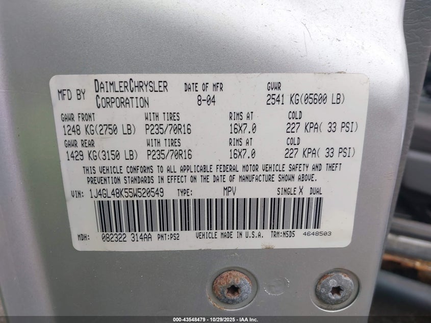 1J4GL48K55W520549 2005 JEEP LIBERTY (NORTH AMERICA) photo no. 9