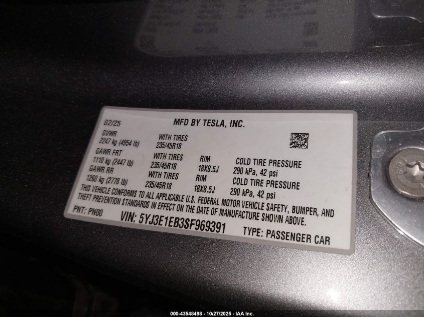 2025 Tesla Model 3 Long Range All-Wheel Drive VIN: 5YJ3E1EB3SF969391 Lot: 43548498
