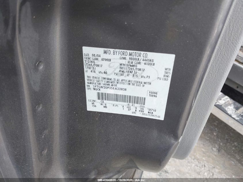 2005 Ford F-250 Lariat/Xl/Xlt VIN: 1FTSW20P35EA32838 Lot: 43548535
