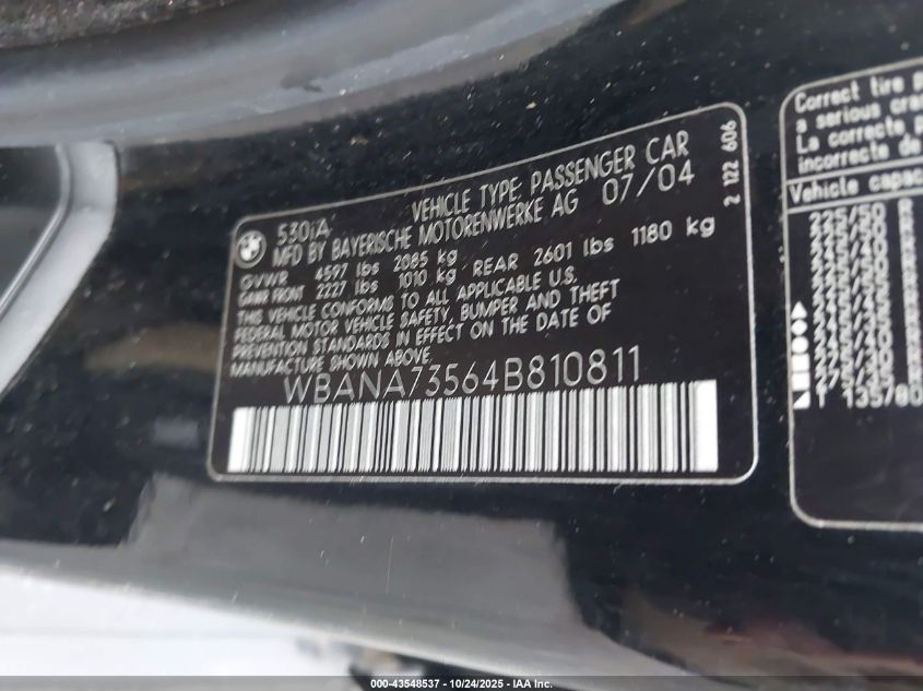 2004 BMW 530I VIN: WBANA73564B810811 Lot: 43548537