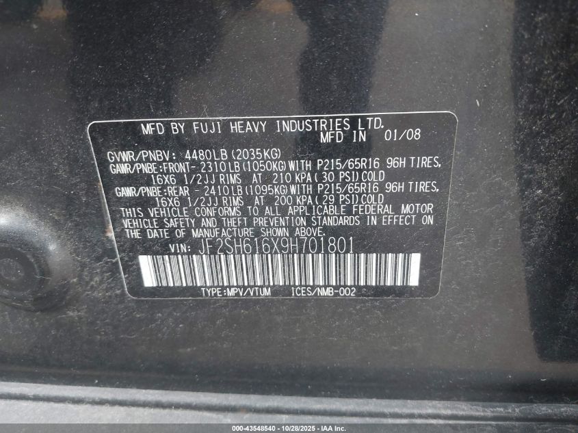 2009 Subaru Forester 2.5X VIN: JF2SH616X9H701801 Lot: 43548540