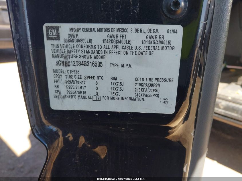 2004 Chevrolet Avalanche 1500 VIN: 3GNEC12T84G216505 Lot: 43548546