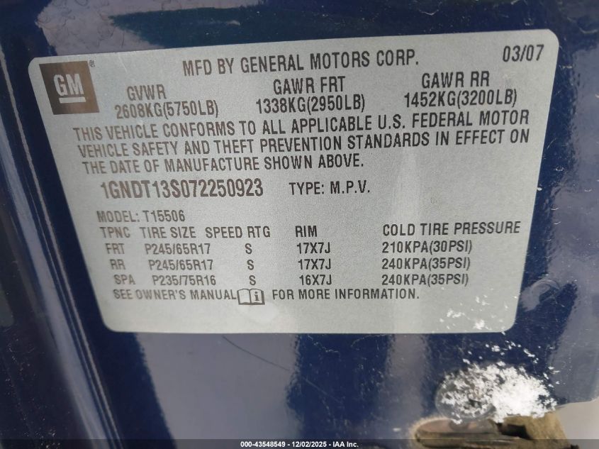 2007 Chevrolet Trailblazer Ls VIN: 1GNDT13S072250923 Lot: 43548549