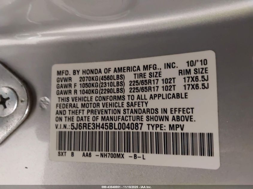 2011 Honda Cr-V Se VIN: 5J6RE3H45BL004087 Lot: 43548551