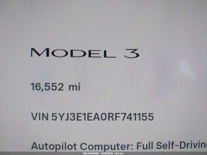 2024 Tesla Model 3 Long Range Dual Motor All-Wheel Drive/Rear-Wheel Drive VIN: 5YJ3E1EA0RF741155 Lot: 43548599