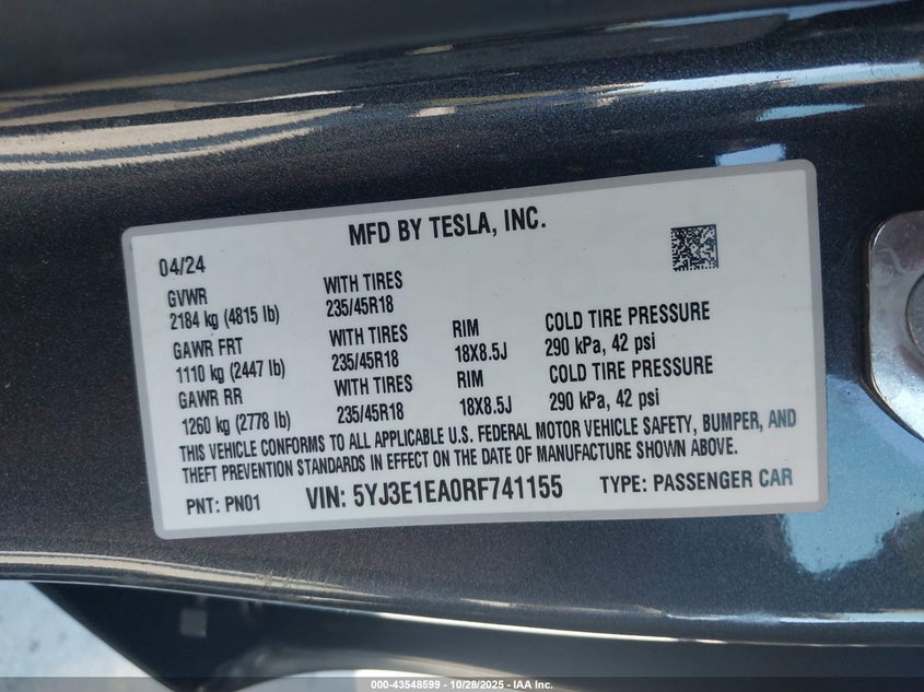 2024 Tesla Model 3 Long Range Dual Motor All-Wheel Drive/Rear-Wheel Drive VIN: 5YJ3E1EA0RF741155 Lot: 43548599