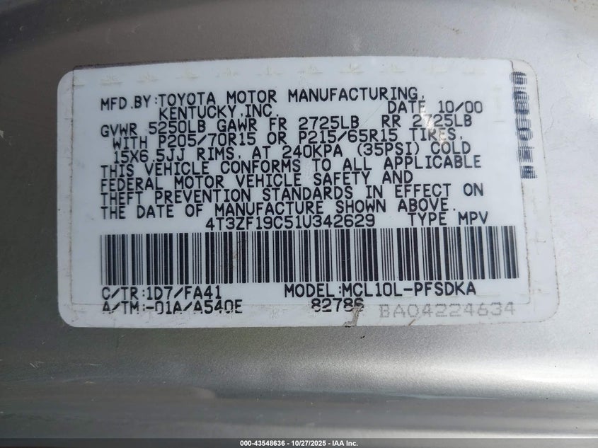 2001 Toyota Sienna Ce VIN: 4T3ZF19C51U342629 Lot: 43548636