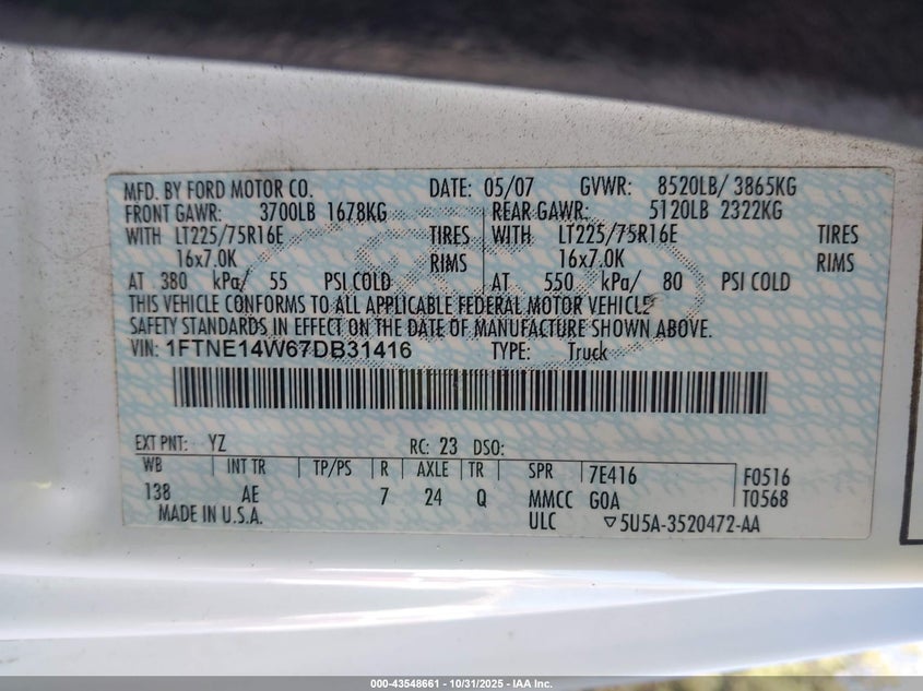 2007 Ford E-150 Commercial/Recreational VIN: 1FTNE14W67DB31416 Lot: 43548661