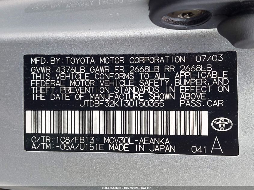 2003 Toyota Camry Le V6/Se V6/Xle V6 VIN: JTDBF32K130150355 Lot: 43548668