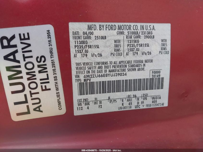 2000 Mercury Mountaineer VIN: 4M2ZU66E8YUJ39034 Lot: 43548670