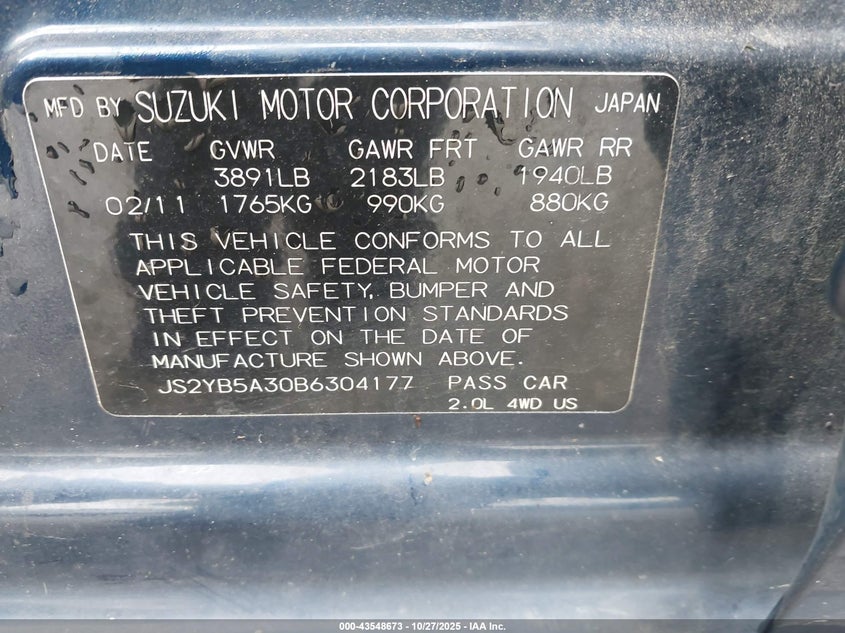 2011 Suzuki Sx4 VIN: JS2YB5A30B6304177 Lot: 43548673