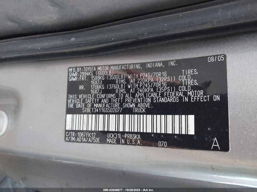 2006 Toyota Tundra Sr5 V8 VIN: 5TBET34116S502077 Lot: 43548677