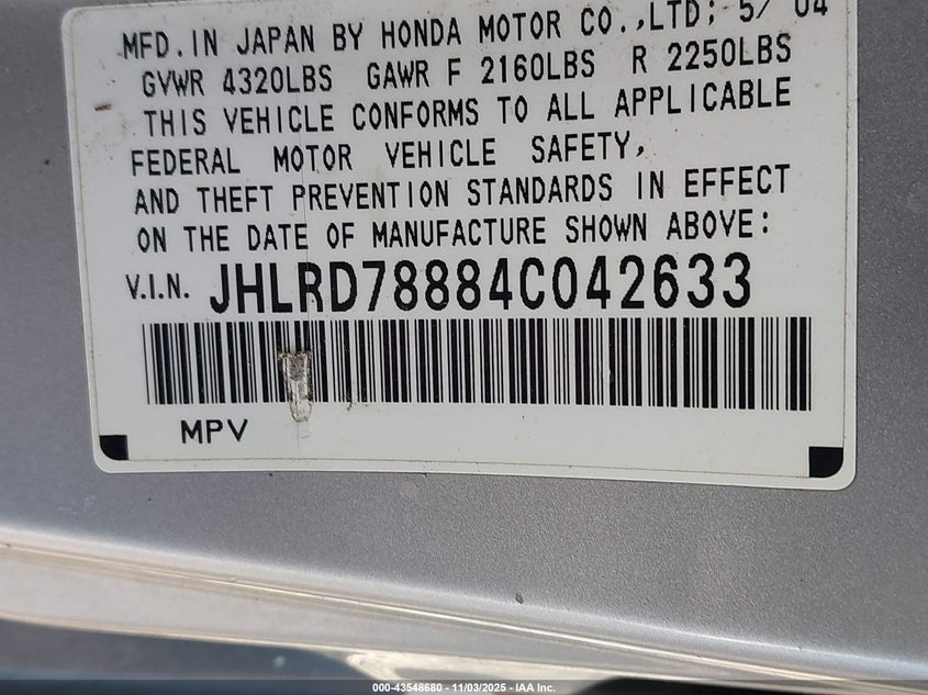 2004 Honda Cr-V Ex VIN: JHLRD78884C042633 Lot: 43548680