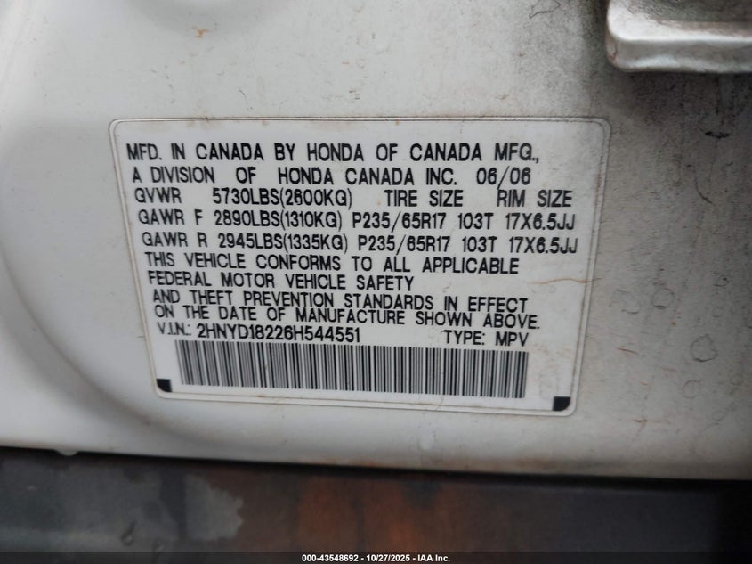 2006 Acura Mdx VIN: 2HNYD18226H544551 Lot: 43548692