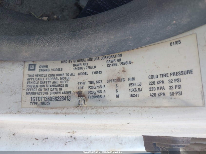2005 GMC Canyon Sle VIN: 1GTDT136X58223413 Lot: 43548703