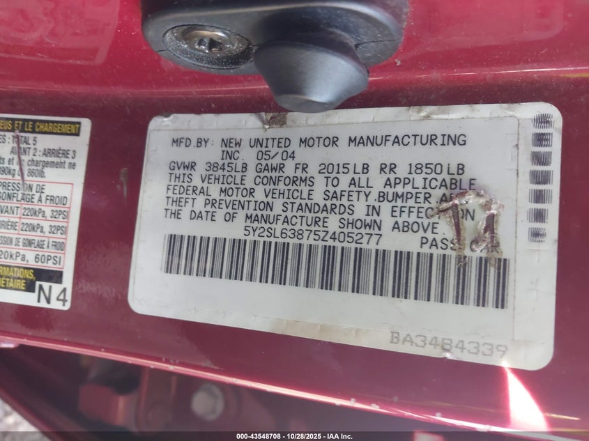 2005 Pontiac Vibe VIN: 5Y2SL63875Z405277 Lot: 43548708