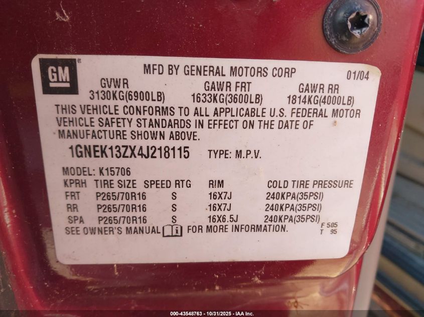 2004 Chevrolet Tahoe Ls VIN: 1GNEK13ZX4J218115 Lot: 43548763