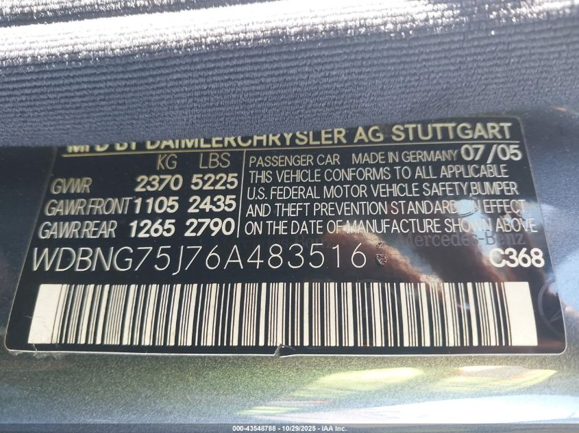 2006 Mercedes-Benz S 500 VIN: WDBNG75J76A483516 Lot: 43548788
