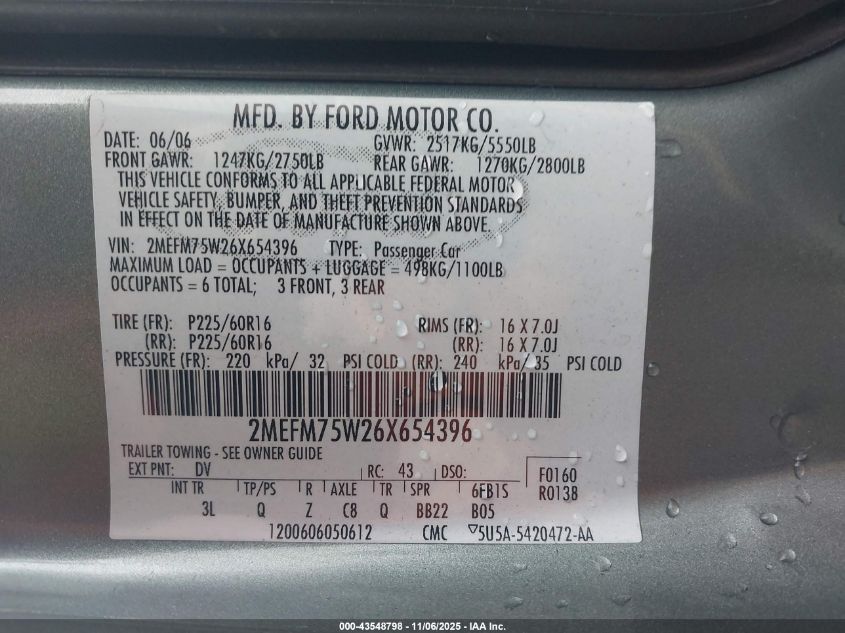 2006 Mercury Grand Marquis Ls VIN: 2MEFM75W26X654396 Lot: 43548798