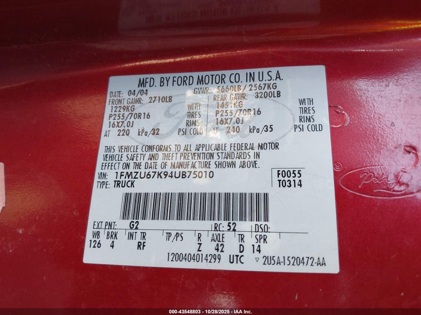 2004 Ford Explorer Sport Trac Adrenalin/Xls/Xlt VIN: 1FMZU67K94UB75010 Lot: 43548803