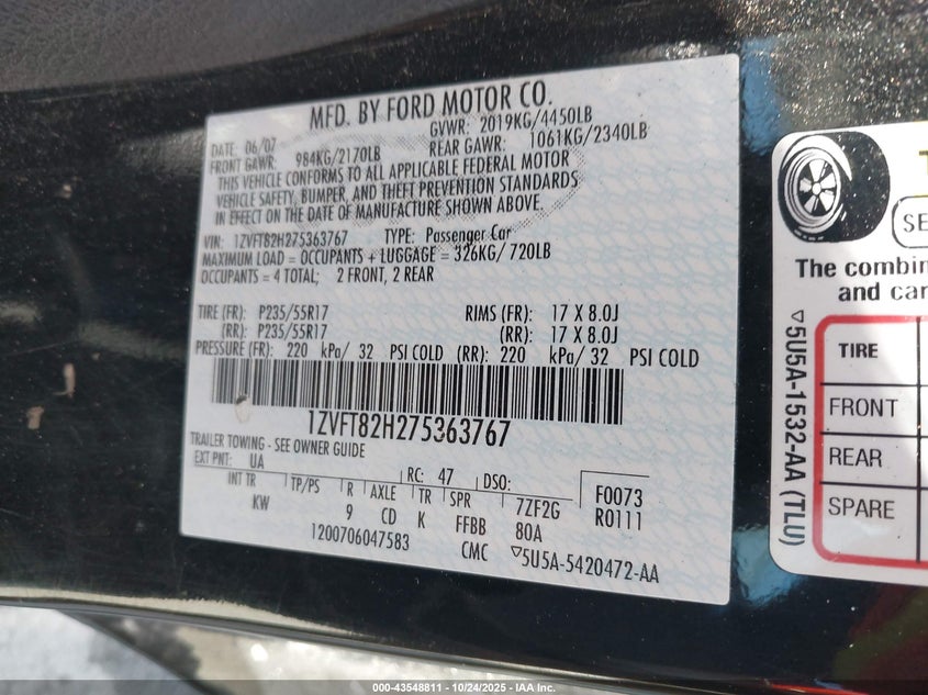 2007 Ford Mustang Gt Deluxe/Gt Premium VIN: 1ZVFT82H275363767 Lot: 43548811