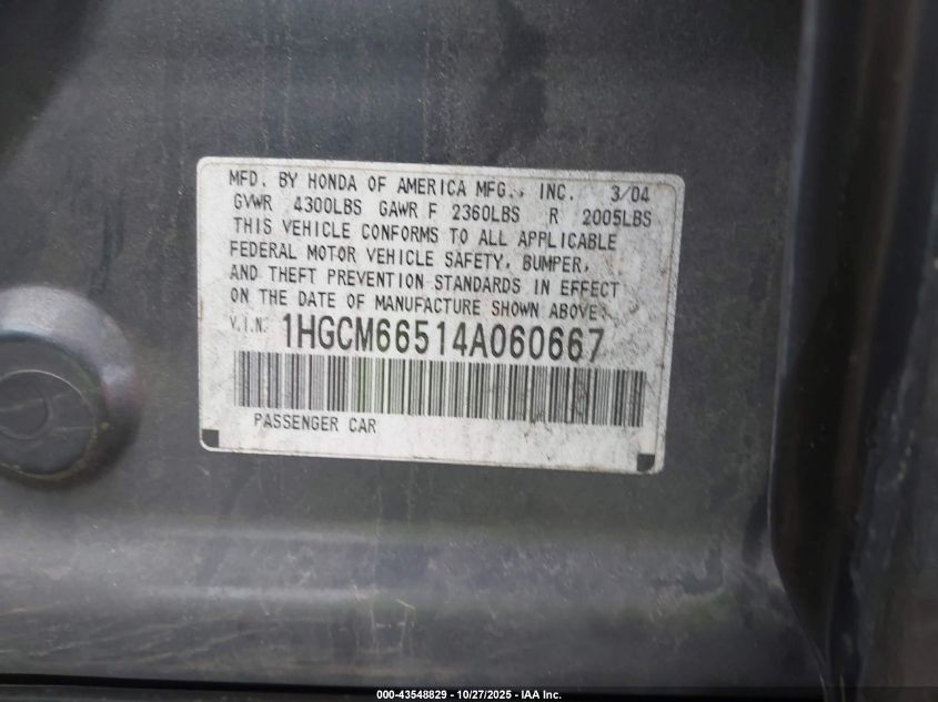 2004 Honda Accord 3.0 Ex VIN: 1HGCM66514A060667 Lot: 43548829