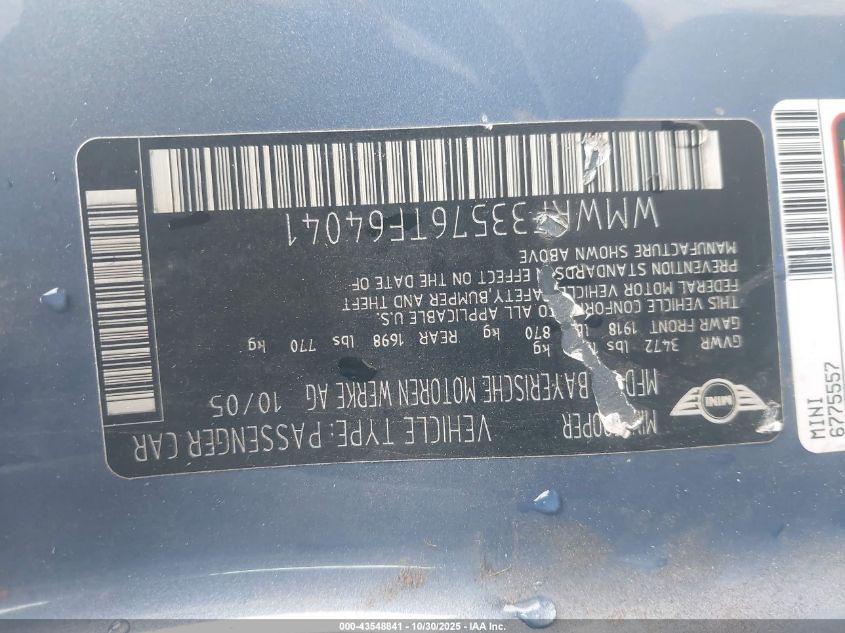 2006 Mini Cooper VIN: WMWRF33576TF64041 Lot: 43548841