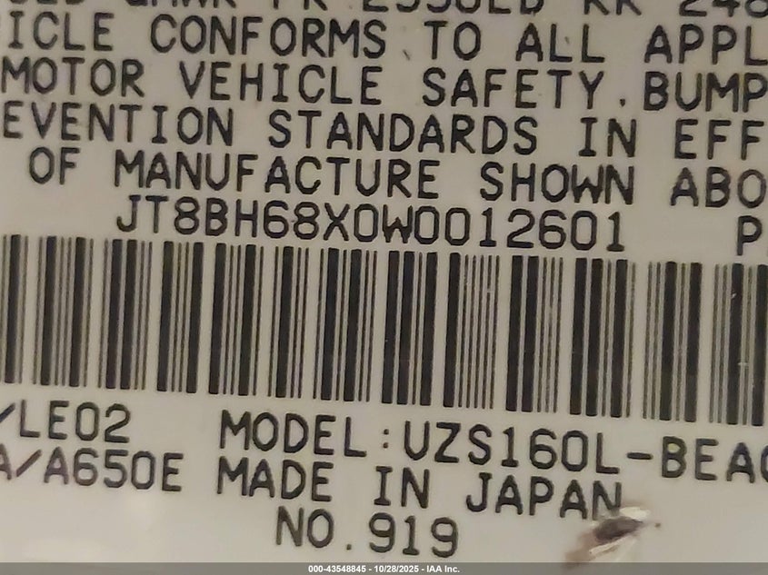 1998 Lexus Gs 400 VIN: JT8BH68X0W0012601 Lot: 43548845