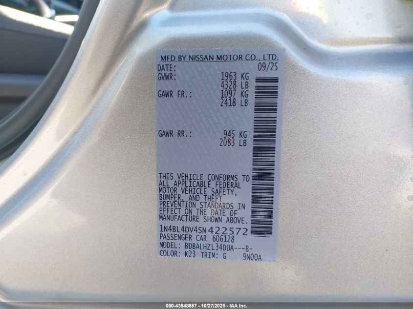 2025 Nissan Altima Sv Fwd VIN: 1N4BL4DV4SN422572 Lot: 43548867