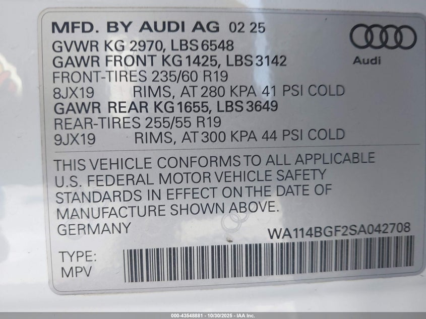 2025 Audi Q6(VIN: WA114BGF2SA042708