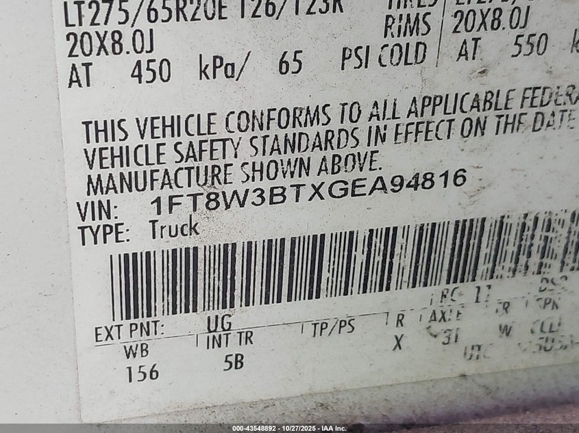 2016 Ford F-350 Lariat VIN: 1FT8W3BTXGEA94816 Lot: 43548892