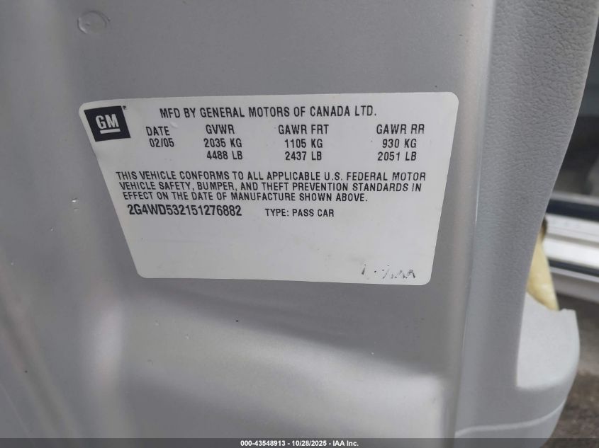 2005 Buick Lacrosse Cxl VIN: 2G4WD532151276882 Lot: 43548913