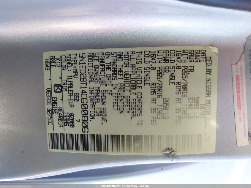 2004 Nissan Xterra Xe VIN: 5N1ED28T14C600806 Lot: 43548929