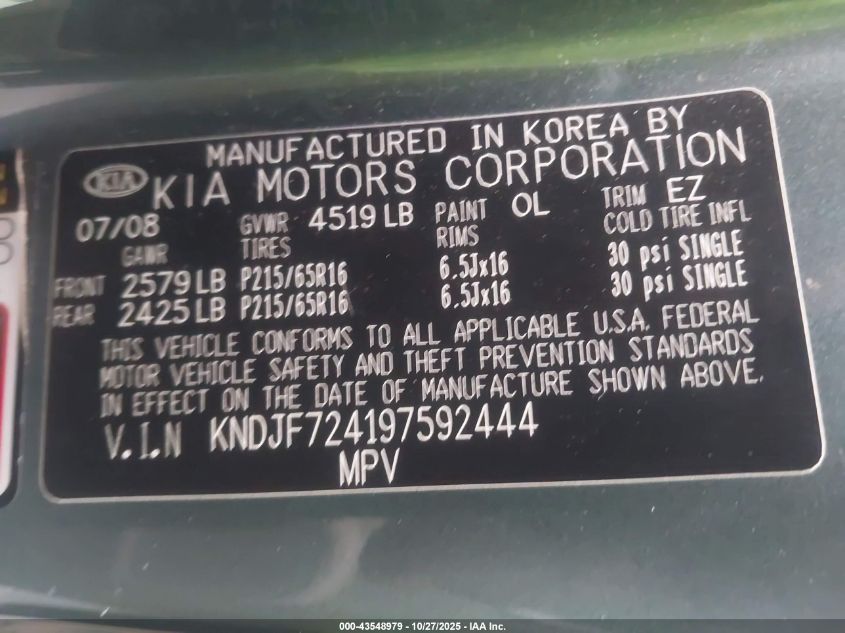 2009 Kia Sportage Lx VIN: KNDJF724197592444 Lot: 43548979