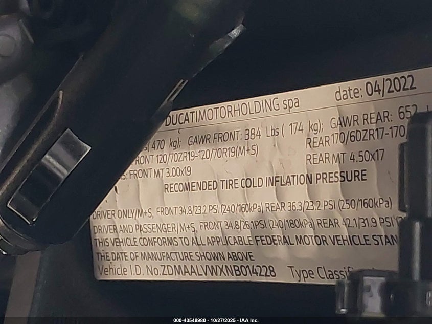 2022 Ducati Multistrada V4/V4S/V4 S Sport VIN: ZDMAALVWXNB014228 Lot: 43548980