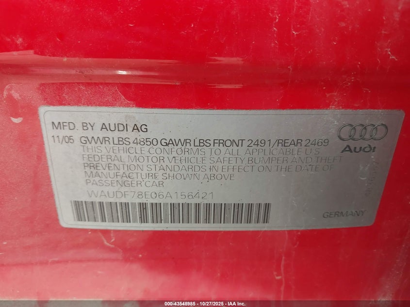 2006 Audi A4 2.0T VIN: WAUDF78E06A156421 Lot: 43548985
