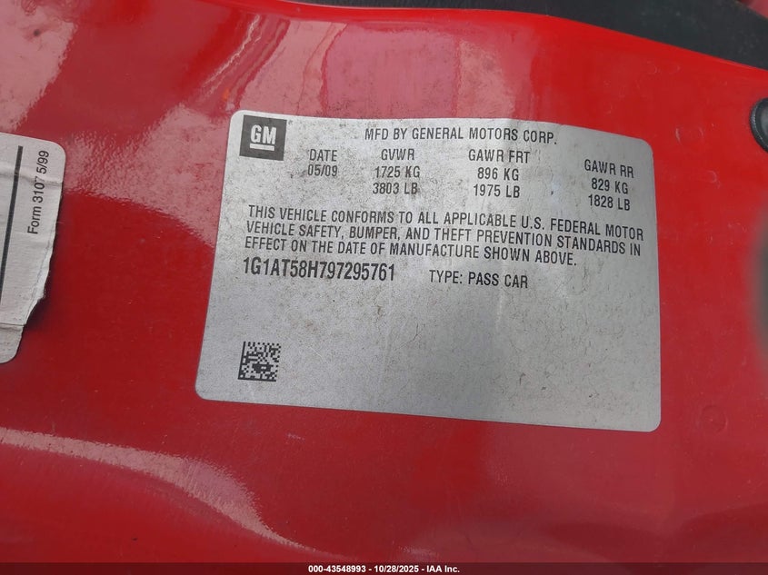 2009 Chevrolet Cobalt Lt VIN: 1G1AT58H797295761 Lot: 43548993