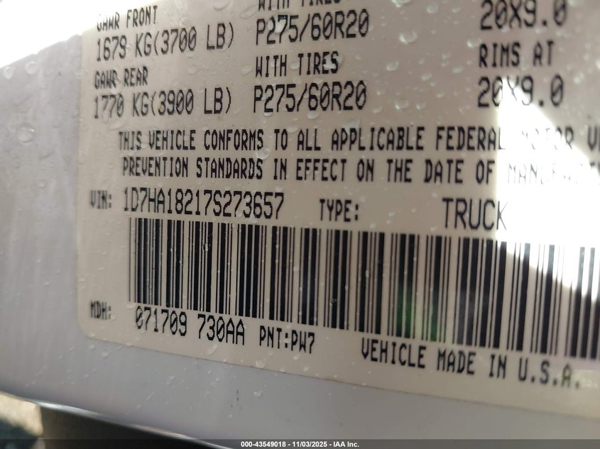 2007 Dodge Ram 1500 Laramie VIN: 1D7HA18217S273657 Lot: 43549018