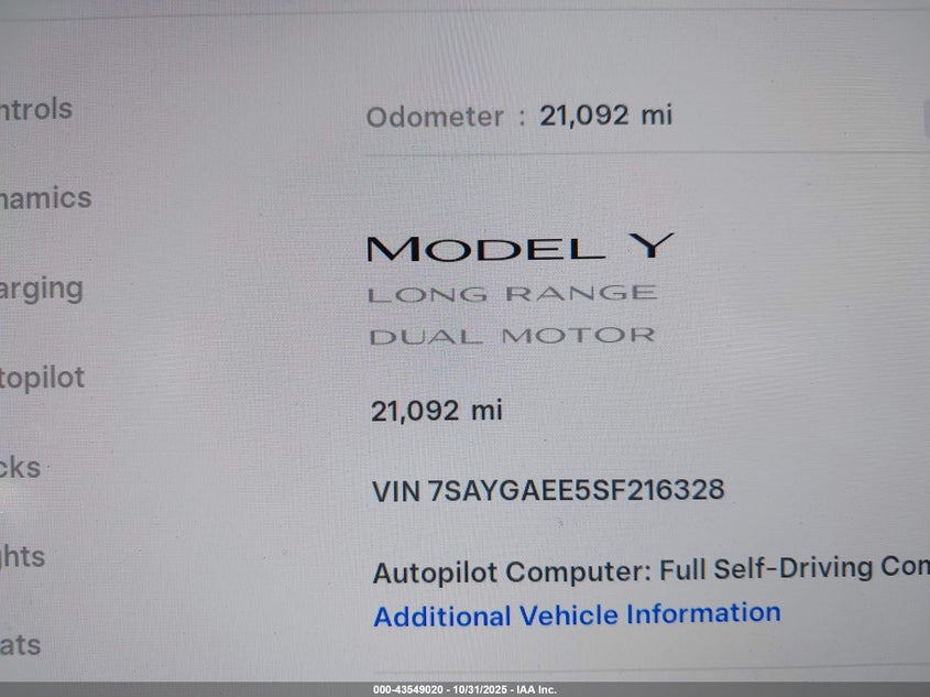 2025 Tesla Model Y Long Range Dual Motor All-Wheel Drive VIN: 7SAYGAEE5SF216328 Lot: 43549020