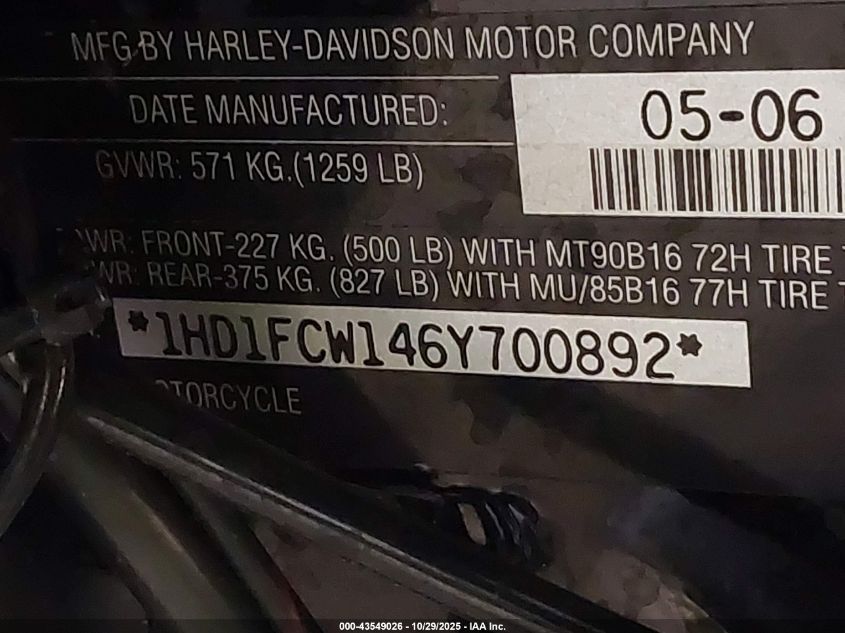 2006 Harley-Davidson Flhtcui VIN: 1HD1FCW146Y700892 Lot: 43549026