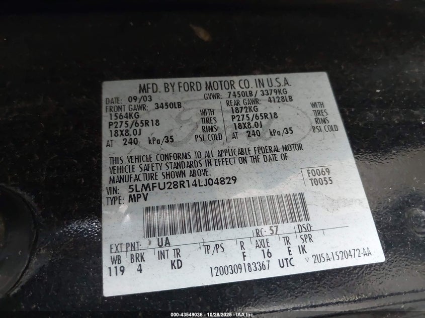 2004 Lincoln Navigator VIN: 5LMFU28R14LJ04829 Lot: 43549036