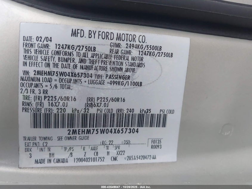 2004 Mercury Grand Marquis Ls VIN: 2MEHM75W04X657304 Lot: 43549047