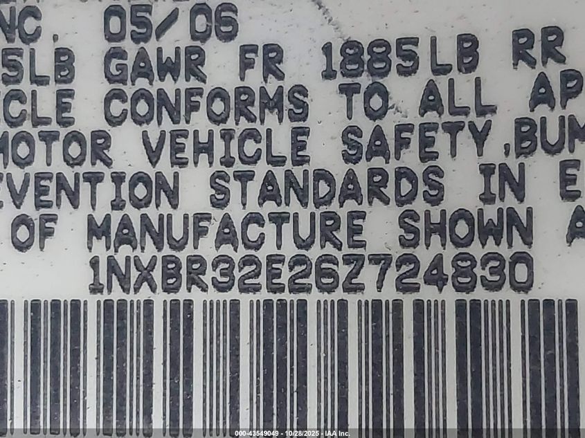 2006 Toyota Corolla S VIN: 1NXBR32E26Z724830 Lot: 43549049