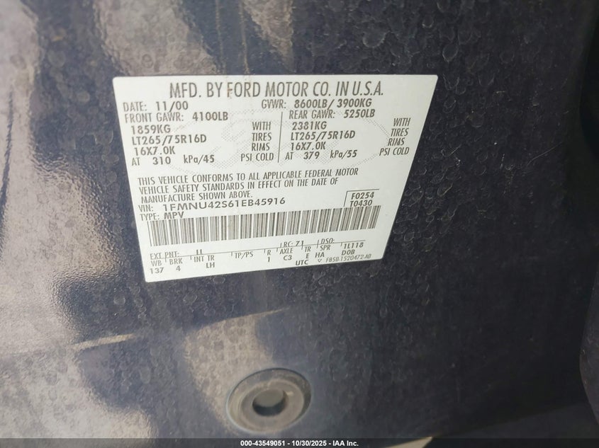 2001 Ford Excursion Limited VIN: 1FMNU42S61EB45916 Lot: 43549051