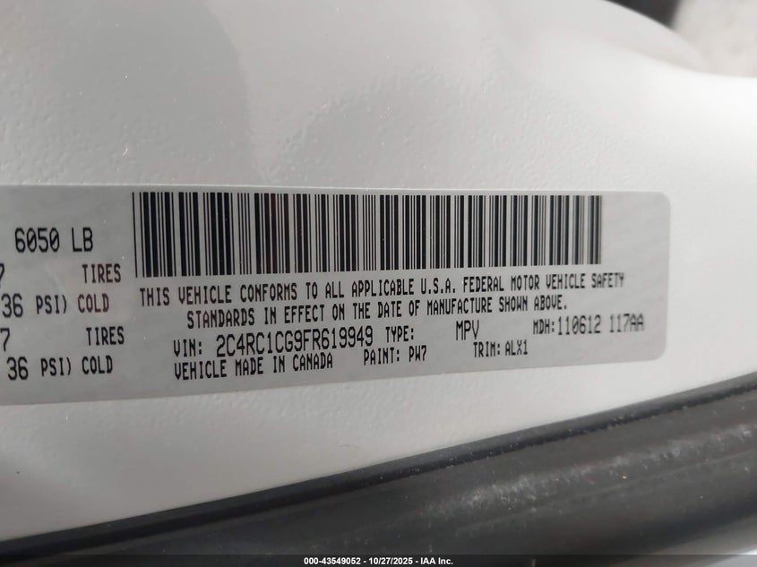 2015 Chrysler Town & Country Touring-L VIN: 2C4RC1CG9FR619949 Lot: 43549052